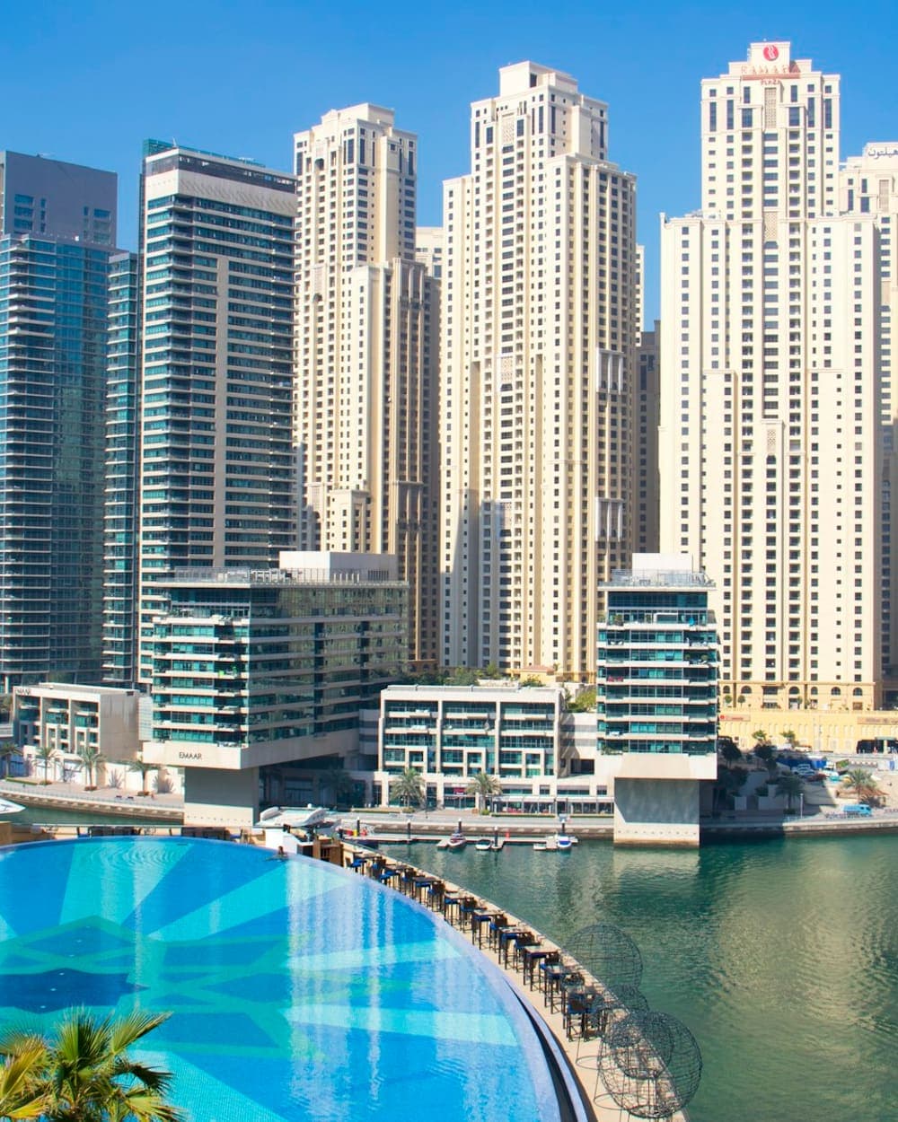 Dubai Marina towers and waterfront promenade