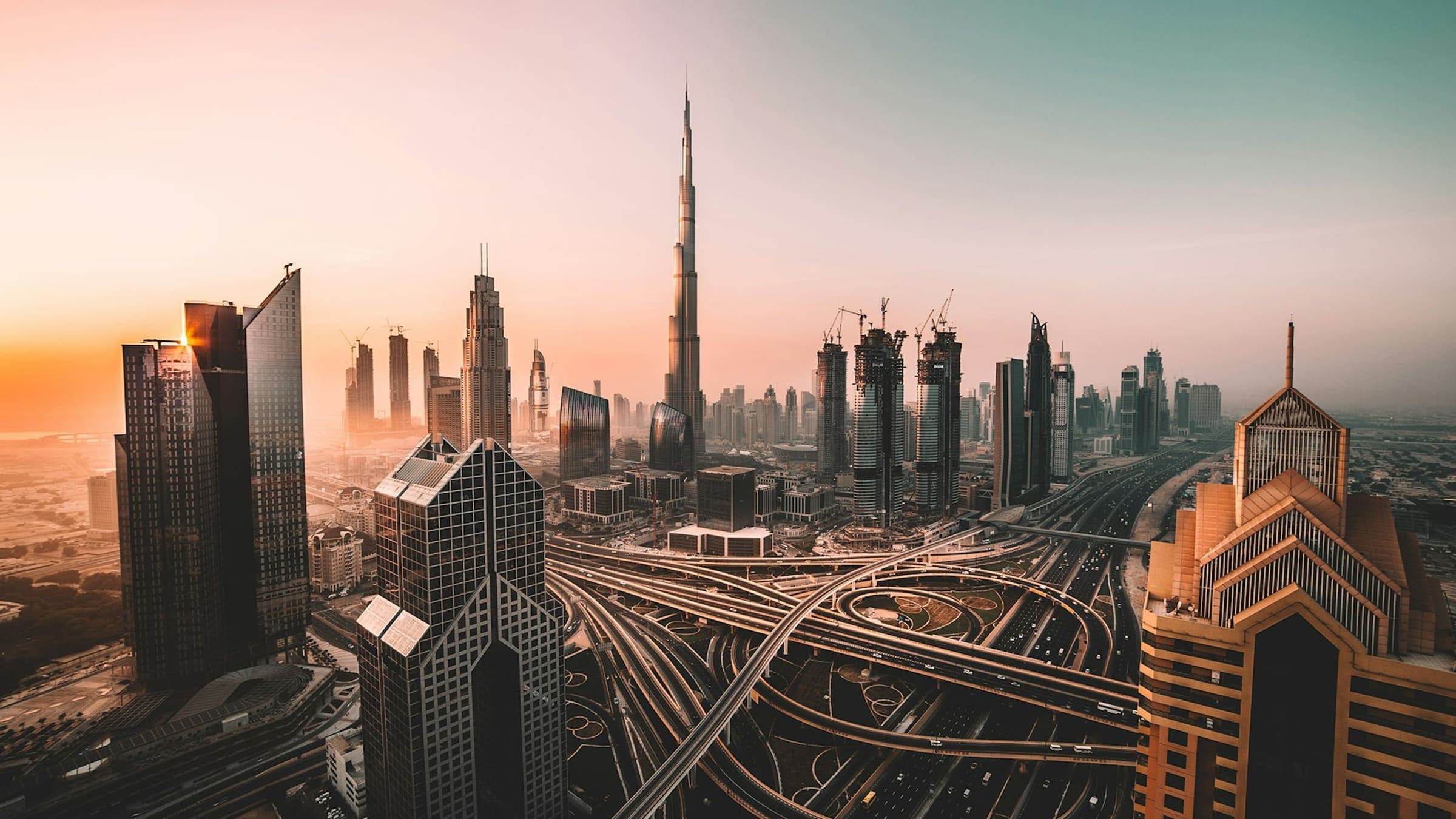 Downtown Dubai skyline at golden hour